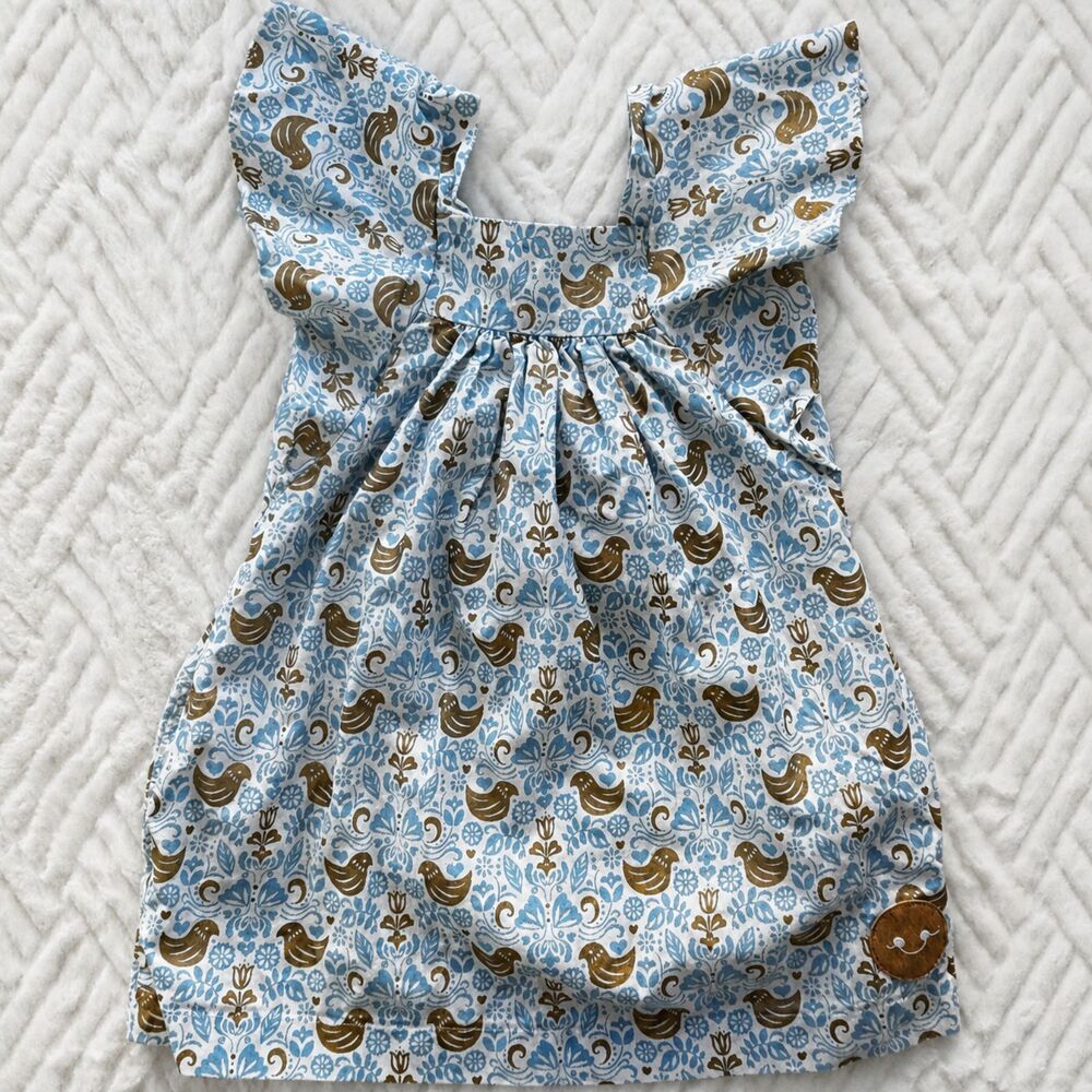 Smiling Button Girls Size 2 Blue Folk Bird Print Flutter Sleeve Cotton Dress